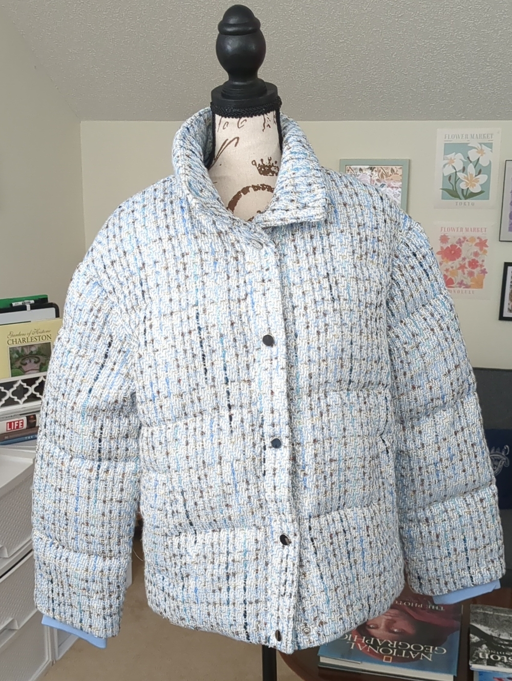 Express Light Blue Tweed Quilted Puffer Jacket